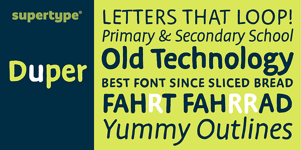 Card displaying Duper typeface in various styles