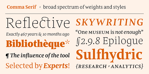 Card displaying Comma Serif typeface in various styles