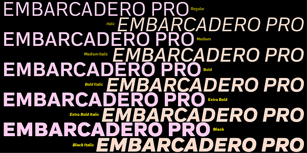 Card displaying MVB Embarcadero Pro typeface in various styles