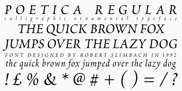 Card displaying Poetica typeface in various styles
