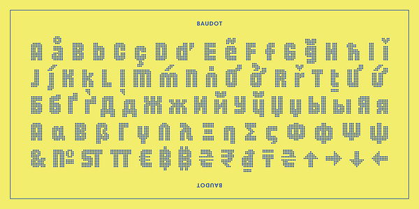 Card displaying Baudot typeface in various styles