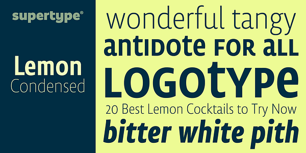 Card displaying Lemon Sans Next Condensed typeface in various styles