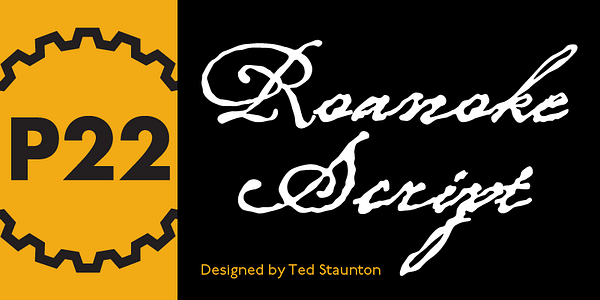 Card displaying P22 Roanoke Script typeface in various styles