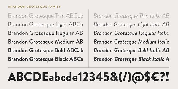 Card displaying Brandon Grotesque typeface in various styles