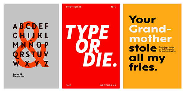 Card displaying Brother XS&XL typeface in various styles