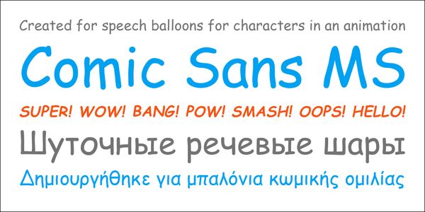 Card displaying Comic Sans MS typeface in various styles