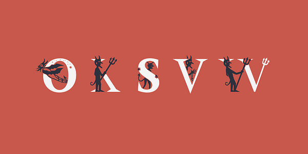 Card displaying Amster Versal Iluminada typeface in various styles