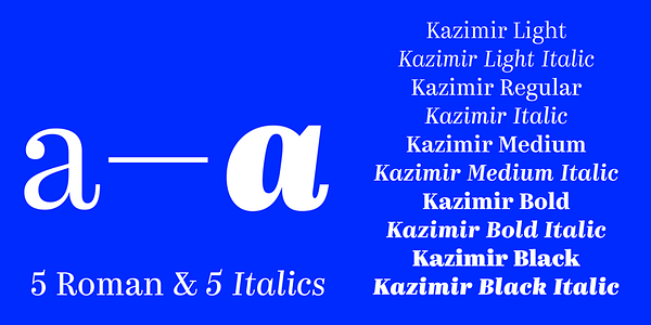 Card displaying Kazimir typeface in various styles