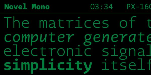 Card displaying Novel Mono typeface in various styles