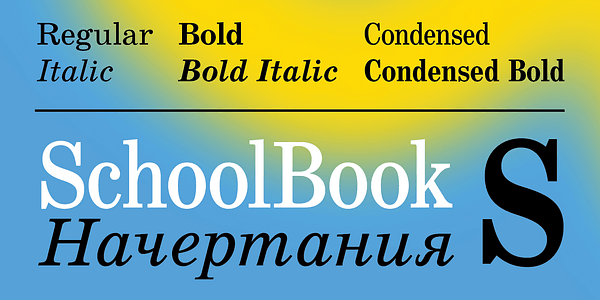 Card displaying SchoolBook typeface in various styles