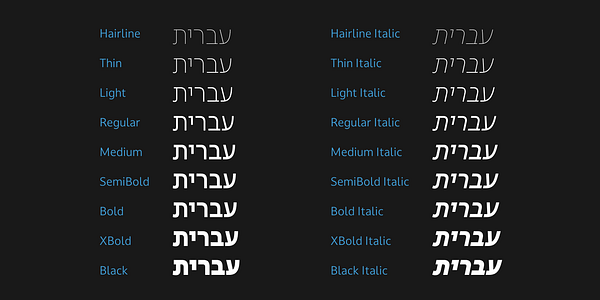 Card displaying Darkmode CC Hebrew typeface in various styles