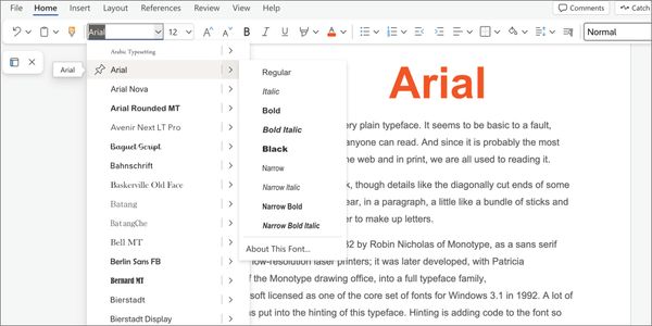 Card displaying Arial typeface in various styles