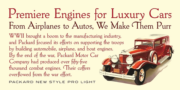 Card displaying Packard New Style typeface in various styles