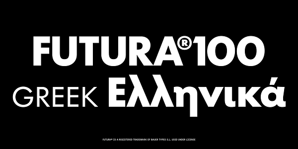 Card displaying Futura®100 Greek typeface in various styles