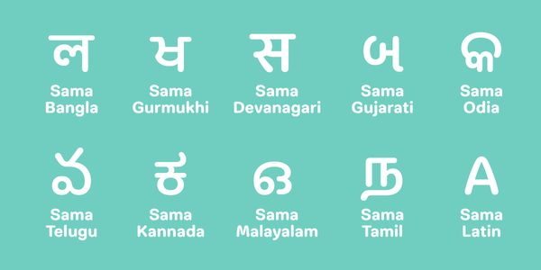 Card displaying Sama Tamil typeface in various styles