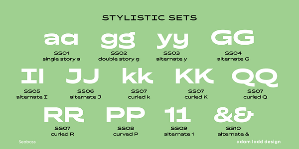 Card displaying Seabass Variable typeface in various styles