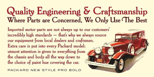 Card displaying Packard New Style typeface in various styles
