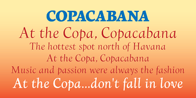 Card displaying Copacabana typeface in various styles