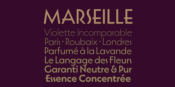 Card displaying Marseille typeface in various styles