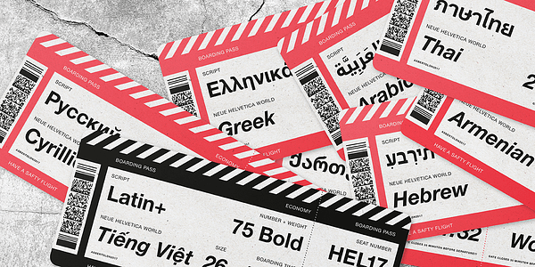 Card displaying Helvetica Neue World typeface in various styles