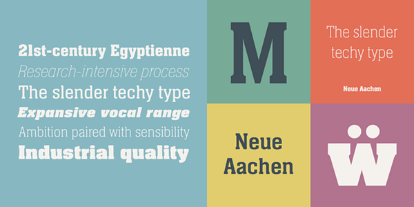 Card displaying Neue Aachen typeface in various styles