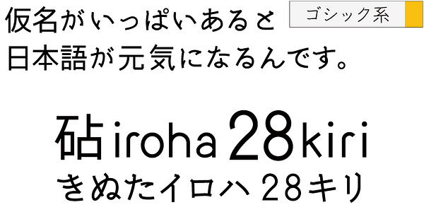 Card displaying Kinuta iroha 28kiri StdN typeface in various styles