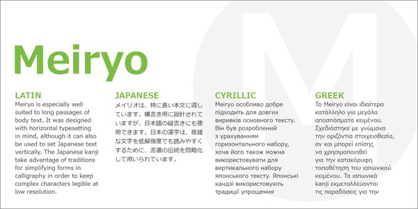 Card displaying Meiryo typeface in various styles