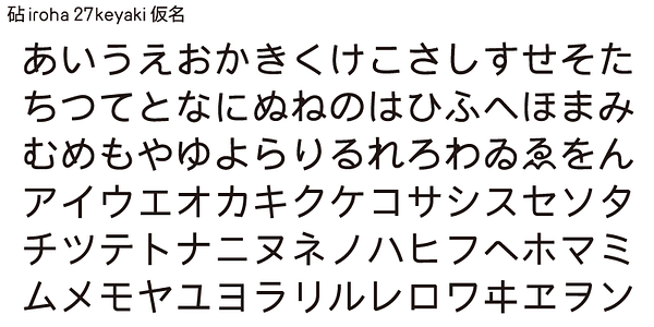 Card displaying Kinuta iroha 27keyaki StdN typeface in various styles