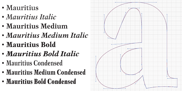 Card displaying Mauritius typeface in various styles