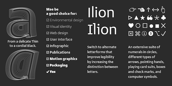 Card displaying Mae Variable typeface in various styles