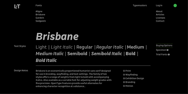 Card displaying Brisbane typeface in various styles