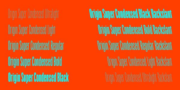 Card displaying Origin Super Condensed typeface in various styles