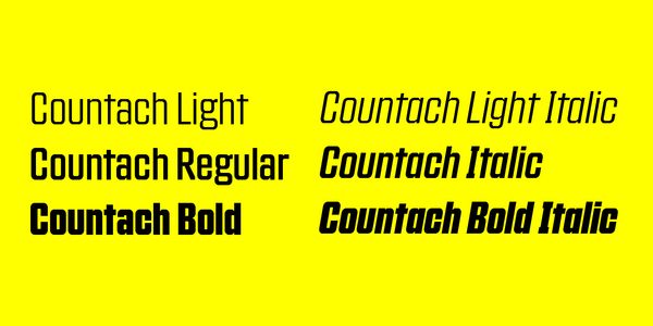 Card displaying Countach typeface in various styles