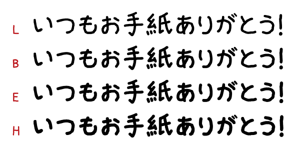 Card displaying TK takumi Yururi Font Mini typeface in various styles