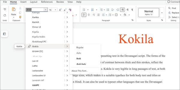 Card displaying Kokila typeface in various styles