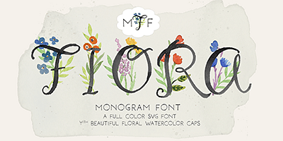 Card displaying Fiora Monograms typeface in various styles