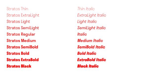 Card displaying Stratos typeface in various styles