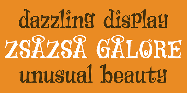 Card displaying Zsazsa Galore typeface in various styles