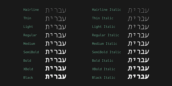 Card displaying Darkmode Mono Hebrew typeface in various styles