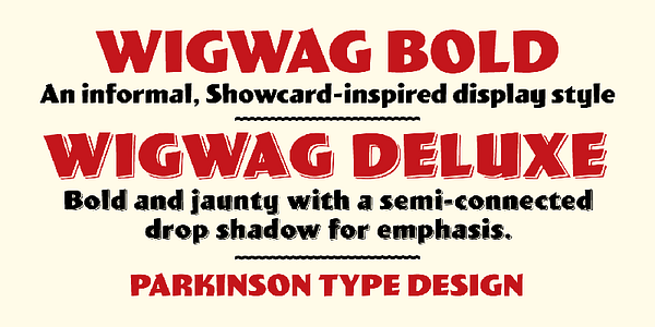 Card displaying Wigwag typeface in various styles