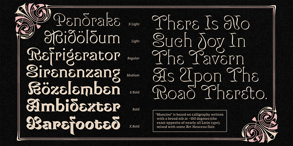 Card displaying Mancine typeface in various styles