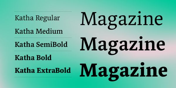 Card displaying Katha Latin typeface in various styles