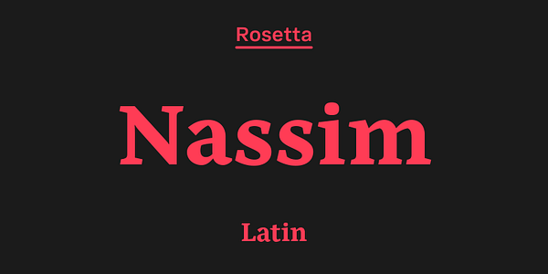 Card displaying Nassim Latin typeface in various styles