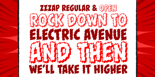 Card displaying CC Zzzap typeface in various styles