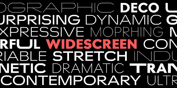Card displaying Widescreen typeface in various styles