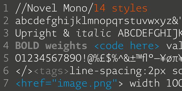 Card displaying Novel Mono typeface in various styles