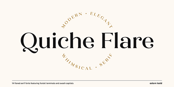 Card displaying Quiche Flare typeface in various styles