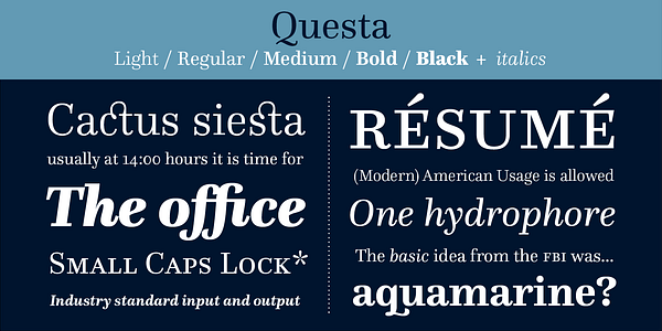 Card displaying Questa typeface in various styles