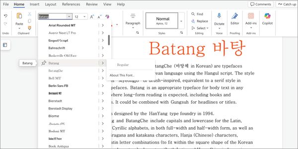 Batang 書体を様々なスタイルで表示するカード