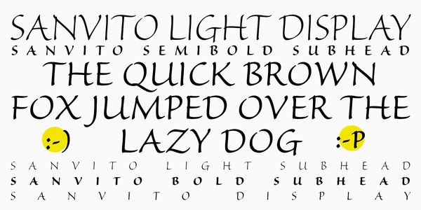 Card displaying Sanvito typeface in various styles